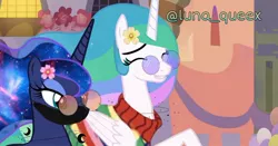 Size: 1080x565 | Tagged: safe, artist:luna.queex, derpibooru import, edit, edited screencap, screencap, princess celestia, princess luna, alicorn, pony, clothes, duo, ethereal mane, eyelashes, eyes closed, face mask, female, flower, flower in hair, galaxy mane, horn, image, jpeg, mare, mask, scarf, signature, smiling, sunglasses, wings