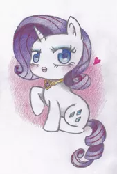 Size: 667x987 | Tagged: safe, artist:miyukikyki, derpibooru import, rarity, pony, unicorn, chibi, colored pencil drawing, element of generosity, female, floating heart, heart, image, jpeg, looking at you, open mouth, raised hoof, sitting, solo, traditional art