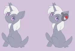 Size: 1508x1037 | Tagged: safe, artist:sinamuna, derpibooru import, oc, oc:whist mania, unofficial characters only, espurr, poképony, pony, unicorn, expressionless, expressionless face, female, headphones, horn, image, looking back, looking over shoulder, png, pokéball, pokémon, purple eyes, purple sclera, redesign, sitting, solo