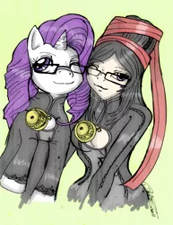 Size: 1195x1544 | Tagged: safe, artist:danielle-chan, derpibooru import, rarity, unicorn, barely pony related, bayonetta, bayonetta (character), bodysuit, clothes, crossover, glasses, image, jpeg, umbra witch, witch