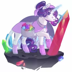 Size: 900x900 | Tagged: safe, artist:sadelinav, derpibooru import, rarity, pony, unicorn, alternate hairstyle, bag, boots, cape, clothes, crystal, ear piercing, female, floating island, gem, glowing horn, hair bun, headscarf, horn, image, leonine tail, looking at something, magic, mare, pickaxe, piercing, png, raised hoof, saddle bag, scarf, shoes, simple background, solo, standing, sweat, telekinesis, white background