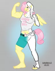 Size: 800x1035 | Tagged: safe, artist:hornbuckle, derpibooru import, fluttershy, oc, oc:rachel, anthro, human, pegasus, plantigrade anthro, abs, barefoot, bicep flex, biceps, blushing, breasts, butterscotch, character to character, clothes, colored lineart, facial hair, feet, female to male, goatee, hair twirl, happy trail, human oc, human to anthro, image, muscle growth, muscles, muscleshy, png, rule 63, solo, transformation, transformation sequence, transforming clothes, transgender transformation, wardrobe malfunction