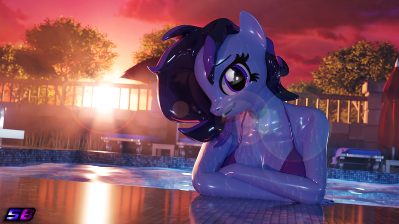 Size: 3840x2160 | Tagged: suggestive, artist:shadowboltsfm, derpibooru import, oc, oc:raven storm, anthro, plantigrade anthro, 3d, 4k, bikini, bikini top, blender, breasts, clothes, crossed arms, eyelashes, image, lens flare, looking at you, png, smiling, sunset, swimsuit, water, wet