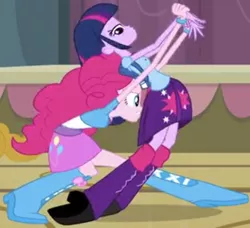 Size: 560x510 | Tagged: safe, derpibooru import, screencap, pinkie pie, twilight sparkle, equestria girls, equestria girls (movie), bad touch, cropped, female, image, out of context, personal space invasion, pinkie being pinkie, png