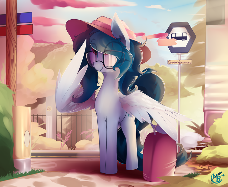 Size: 3538x2902 | Tagged: safe, artist:nevobaster, derpibooru import, oc, oc:delta vee, unofficial characters only, pegasus, pony, bus stop, cute, eye clipping through hair, female, glasses, hat, image, mare, ocbetes, png, smiling, solo, suitcase, university, wing hold, wings, younger