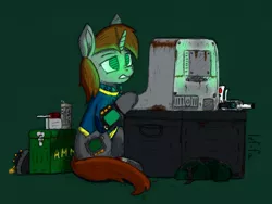 Size: 1218x914 | Tagged: safe, artist:lef-fa, derpibooru import, oc, oc:littlepip, unofficial characters only, pony, unicorn, fallout equestria, ammobox, ammunition, bag, bandage, clothes, crate, cropped, drink, female, green background, gritted teeth, gun, hacking, handgun, horn, image, landmine, little macintosh, looking at something, mare, pipbuck, png, revolver, saddle bag, screwdriver, simple background, sitting, solo, terminal, three quarter view, traditional art, vault suit, water, weapon