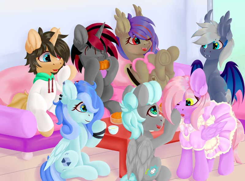Size: 3800x2800 | Tagged: safe, artist:nowords, derpibooru import, oc, oc:lamwind, oc:nowords, oc:royal masquerade, oc:sapphire treat, oc:枫夜, oc:莉娜佳, unofficial characters only, bat pony, pegasus, unicorn, chinese text, clothes, cute, food, image, maid, moon runes, mooncake, png