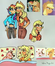 Size: 1843x2170 | Tagged: safe, artist:valeriamagicart, derpibooru import, applejack, earth pony, human, pegasus, a trivial pursuit, my little pony: the movie, humanized, image, jpeg, scene interpretation, traditional art