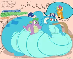 Size: 4210x3440 | Tagged: suggestive, artist:rupertbluefox, derpibooru import, princess ember, smolder, spike, dragon, series:how to gain your dragoness, belly, belly bed, belly button, big belly, burp, cake, chubby, chubby spike, descriptive noise, dialogue, dragoness, dragonlard ember, drink, eyes closed, fat, fat ass, fat fetish, fat spike, feeding tube, female, fetish, food, full mouth, gem, hose, hug, huge belly, image, immobile, impossibly large belly, incentive drive, lying down, male, morbidly obese, mug, obese, one eye closed, onomatopoeia, png, prone, squished, squishy cheeks, stomach noise, stuffing, tongue out, trio, weight gain, weight gain sequence, wide eyes