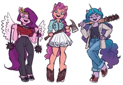 Size: 1600x1100 | Tagged: safe, artist:king-kakapo, derpibooru import, izzy moonbow, pipp petals, sunny starscout, anthro, earth pony, pegasus, unguligrade anthro, unicorn, axe, badass, ball and chain, barbed wire, baseball bat, breasts, clothes, female, g5, image, legit, looking at you, none of you are safe, png, simple background, skirt, slasher smile, smiling, smiling at you, weapon, white background