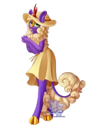 Size: 768x960 | Tagged: safe, artist:lilac blaze, derpibooru import, kirin oc, oc, oc:popcorn the kirin, unofficial characters only, anthro, kirin, unguligrade anthro, arm fluff, clothes, cloven hooves, colored, dress, hat, image, png, simple background, solo, sundress, sun hat, transparent background