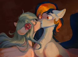 Size: 2508x1835 | Tagged: safe, artist:marilyn, derpibooru import, oc, oc:seascape, oc:skysail, unofficial characters only, earth pony, hippogriff, pony, blushing, cute, female, flower, flower in hair, image, jpeg, kissing, male, not coco, seasail, shipping, spread wings, straight, surprise kiss, surprised, wings