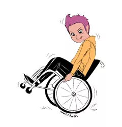Size: 949x988 | Tagged: safe, artist:syrupyyy, derpibooru import, scootaloo, human, :p, alternate universe, clothes, disabled, female, flats, handicapped, hoodie, humanized, image, jeans, pants, png, shoes, simple background, socks, solo, tongue out, wheelchair, white background