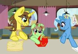 Size: 1280x880 | Tagged: safe, artist:joshchrysalisfan1, derpibooru import, trixie, oc, oc:grapefruit face, oc:limey lulamoon, canon x oc, family, female, grapexie, happy meal, image, jpeg, male, parent:oc:grapefruit face, parents:grapexie, parent:trixie, shipping, straight