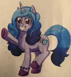 Size: 2681x2905 | Tagged: safe, artist:bozzerkazooers, derpibooru import, izzy moonbow, pony, unicorn, bracelet, female, g5, grin, high res, image, jewelry, jpeg, mare, smiling, solo, teeth, traditional art, unshorn fetlocks