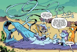 Size: 1491x1019 | Tagged: safe, artist:andypriceart, derpibooru import, idw, applejack, crystal (character), dust devil (comic), abada, earth pony, kelpie, pony, spoiler:comic, spoiler:comic91, cactus, cropped, desert, female, ice, image, kindness, mare, nonbinary, png, season 10, snow, snowman