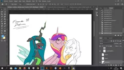 Size: 1366x768 | Tagged: suggestive, alternate version, artist:fernandojc-draftsman, derpibooru import, princess cadance, queen chrysalis, shining armor, alicorn, changeling, changeling queen, pony, ahegao, colored, cropped, eyes rolling back, female, image, implied sex, male, mare, open mouth, partial color, png, signature, stallion, tongue out
