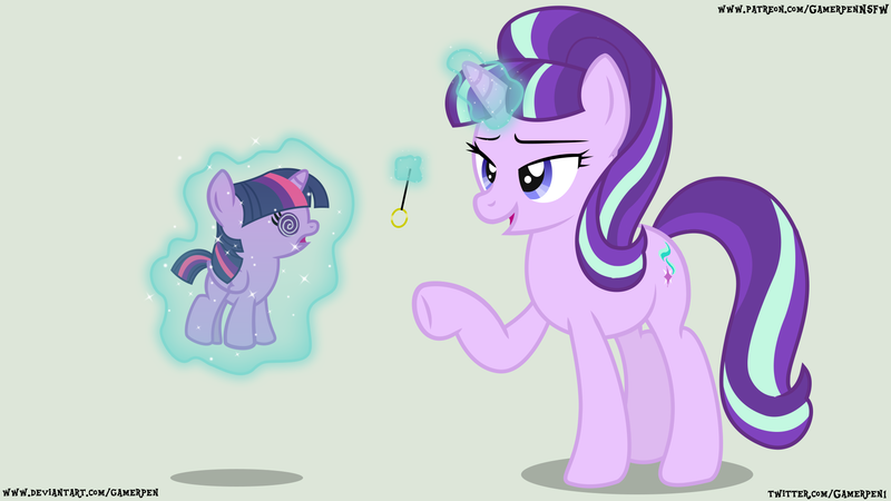 Size: 1920x1080 | Tagged: safe, artist:gamerpen, derpibooru import, starlight glimmer, twilight sparkle, twilight sparkle (alicorn), alicorn, pony, age regression, baby, baby pony, babylight sparkle, bad end, female, filly, filly twilight sparkle, foal, green background, hypnosis, hypnotized, image, levitation, magic, mare, pendulum swing, png, s5 starlight, simple background, swirly eyes, telekinesis, this will end in communism, younger