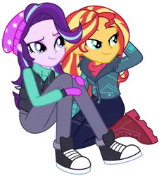 Size: 1024x1134 | Tagged: safe, artist:emeraldblast63, derpibooru import, starlight glimmer, sunset shimmer, equestria girls, equestria girls series, holidays unwrapped, spoiler:eqg series (season 2), beanie, clothes, converse, hat, image, png, shoes, simple background, snow, transparent background, winter
