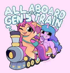 Size: 2702x2794 | Tagged: safe, artist:moozua, derpibooru import, izzy moonbow, sunny starscout, earth pony, pony, unicorn, blushing, braid, cute, duo, female, friendship express, g5, grin, high res, hype train, image, izzybetes, looking at you, one eye closed, open mouth, png, simple background, sitting, smiling, sunnybetes, teeth, text, the ride never ends, train, unshorn fetlocks, wink