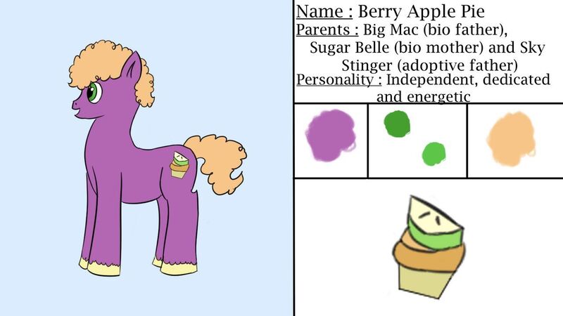 Size: 1280x720 | Tagged: safe, artist:schumette14, derpibooru import, little mac, oc, oc:berry apple pie, unofficial characters only, earth pony, pony, colt, image, jpeg, male, next generation, offspring, old design, parent:big macintosh, parent:sugar belle, parents:bigbelle, parents:sugarmac, reference sheet, solo