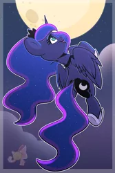 Size: 1365x2048 | Tagged: safe, artist:sakukitty, derpibooru import, princess luna, alicorn, pony, cloud, female, flying, full moon, image, jpeg, mare, moon, night, open mouth, profile, sky, solo, spread wings, stars, wings