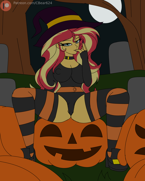 Size: 5008x6264 | Tagged: questionable, alternate version, artist:cbear624, derpibooru import, sunset shimmer, equestria girls, bedroom eyes, belt, breasts, busty sunset shimmer, cameltoe, choker, clothes, costume, erect nipples, full moon, halloween, halloween costume, holiday, image, jack-o-lantern, leotard, licking, licking fingers, lucky bastard, moon, night, nipple outline, outdoors, patreon, patreon logo, png, pumpkin, socks, spread legs, spreading, striped socks, thigh highs, tombstones, tongue out, tree, witch