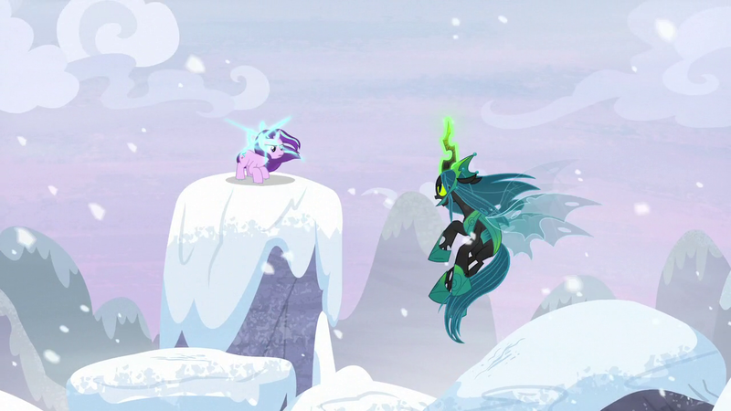 Size: 1280x720 | Tagged: safe, derpibooru import, screencap, queen chrysalis, starlight glimmer, the ending of the end, cloud, image, mountain, png, snow, ultimate chrysalis, wind, windswept mane