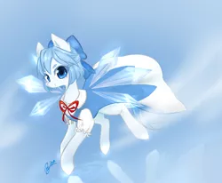 Size: 1000x824 | Tagged: safe, artist:狄优优, derpibooru import, ponified, fairy, fairy pony, original species, pony, bow, cirno, clothes, crossover, cute, dress, fairy wings, female, ice, image, mare, png, solo, touhou, wings