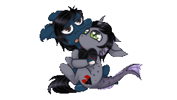 Size: 1920x1080 | Tagged: safe, artist:german_frey, derpibooru import, oc, ponified, ponified:kellin quinn, ponified:oliver sykes, earth pony, half-siren, hybrid, pony, undead, zombie, zombie pony, animated, annoyed, bone, bring me the horizon, clothes, commission, curved horn, fangs, fins, fish tail, floppy ears, gay, gif, hape, horn, hug, image, licking, lip piercing, male, personal space invasion, piercing, poker face, scales, shipping, shirt, simple background, sleeping with sirens, slit eyes, tattoo, tongue out, torn ear, transparent background, ych result