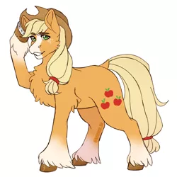 Size: 3000x3000 | Tagged: safe, artist:rdstartie, derpibooru import, applejack, earth pony, pony, alternate design, applejack's hat, blaze (coat marking), cheek fluff, chest fluff, cowboy hat, eyebrows visible through hair, female, freckles, hat, hat tip, image, mare, png, raised hoof, redesign, simple background, snip (coat marking), socks (coat marking), solo, unshorn fetlocks