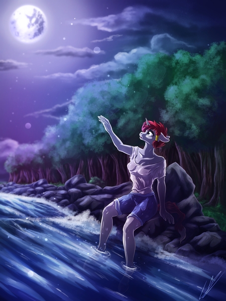 Size: 3000x4000 | Tagged: questionable, artist:lupiarts, derpibooru import, oc, unofficial characters only, anthro, unicorn, breasts, clothes, cloud, female, forest, high res, horn, image, jpeg, mare in the moon, midriff, moon, night, night sky, nipples, nudity, reaching out, river, see-through, shorts, sitting, sky, solo, stars, tree, wet, wet clothes