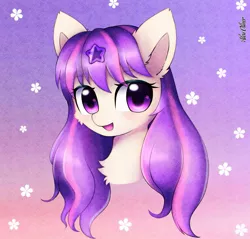 Size: 1905x1819 | Tagged: safe, artist:aleuoliver, derpibooru import, oc, unofficial characters only, earth pony, pony, abstract background, bust, chest fluff, earth pony oc, hairclip, image, jpeg, open mouth, signature, smiling, solo