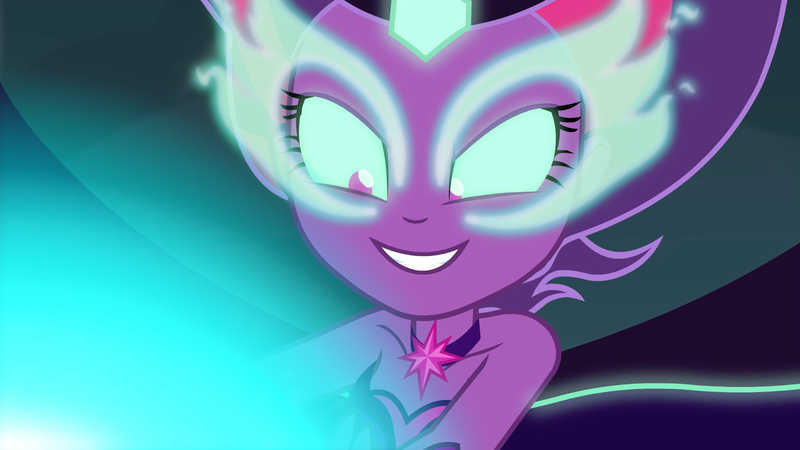 Size: 1920x1080 | Tagged: safe, derpibooru import, screencap, sci-twi, twilight sparkle, equestria girls, friendship games, bare shoulders, blast, female, glowing eyes, grin, image, magic, magic blast, midnight sparkle, png, sleeveless, smiling, solo, strapless