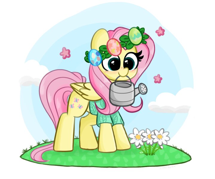 Size: 3240x2704 | Tagged: safe, artist:kittyrosie, derpibooru import, fluttershy, pegasus, pony, blushing, cute, digital art, female, floral head wreath, flower, image, jpeg, mare, mouth hold, shyabetes, smiling, solo, watering can