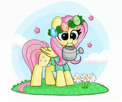 Size: 3240x2704 | Tagged: safe, artist:kittyrosie, derpibooru import, fluttershy, pegasus, pony, blushing, cute, digital art, female, floral head wreath, flower, image, jpeg, mare, mouth hold, shyabetes, smiling, solo, watering can