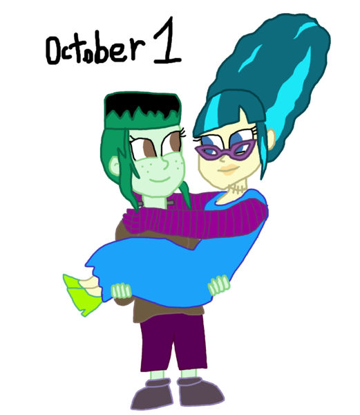 Size: 1280x1475 | Tagged: safe, artist:horroraceman93, derpibooru import, juniper montage, wallflower blush, equestria girls, beehive hairdo, bridal carry, bride of frankenstein, carrying, clothes, cosplay, costume, female, frankenstein's monster, glasses, halloween, holiday, image, juniblush, lesbian, png, shipping, simple background, transparent background