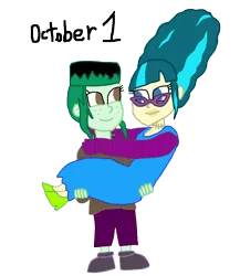 Size: 1280x1475 | Tagged: safe, artist:horroraceman93, derpibooru import, juniper montage, wallflower blush, equestria girls, beehive hairdo, bridal carry, bride of frankenstein, carrying, clothes, cosplay, costume, female, frankenstein's monster, glasses, halloween, holiday, image, juniblush, lesbian, png, shipping, simple background, transparent background