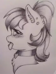 Size: 1200x1600 | Tagged: suggestive, artist:horsesrnaked, derpibooru import, oc, oc:fluffycuffs, earth pony, bedroom eyes, black and white, blushing, bust, collar, ear piercing, earring, grayscale, image, jewelry, jpeg, monochrome, piercing, ponytail, solo, tongue out, tongue piercing, traditional art