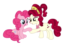Size: 1970x1416 | Tagged: safe, artist:three uncle, derpibooru import, cherry jubilee, pinkie pie, earth pony, pony, party pooped, bandana, cherry, duo, duo female, female, food, image, mare, png, pose, simple background, sitting, transparent background