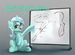 Size: 3484x2560 | Tagged: safe, artist:xbi, derpibooru import, lyra heartstrings, pony, unicorn, anatomically incorrect, anatomy, anthropology-with-lyra, armpits, bad anatomy, comic, critical research failure, cute, dialogue, female, glasses, gradient background, image, incorrect leg anatomy, leg, looking at you, lyrabetes, mare, png, pointing, silly, silly lyra, sitting, solo, talking, talking to viewer, whiteboard