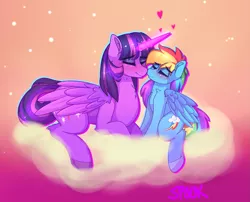 Size: 1611x1304 | Tagged: safe, artist:aaa-its-spook, derpibooru import, rainbow dash, twilight sparkle, twilight sparkle (alicorn), alicorn, pegasus, abstract background, backwards cutie mark, blushing, cloud, eyes closed, female, heart, image, imminent kissing, lesbian, nuzzling, png, shipping, size difference, twidash