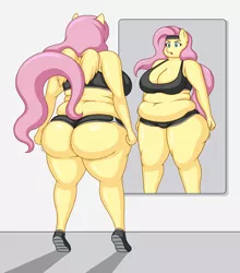 Size: 2200x2500 | Tagged: suggestive, artist:lordstormcaller, derpibooru import, fluttershy, anthro, pegasus, plantigrade anthro, ass, belly, belly button, big belly, big breasts, booty shorts, breasts, busty fluttershy, butt, cleavage, clothes, determination, determined, determined look, exercise, fat, fattershy, female, fetish, flutterbutt, gym, high res, image, jiggle, jiggling, jpeg, looking at mirror, love handles, mirror, muffin top, overweight, shorts, small wings, solo, solo female, sports bra, thicc ass, tiptoe, weight loss, wide hips, wings, workout