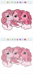 Size: 564x1251 | Tagged: safe, artist:muhammad yunus, derpibooru import, edit, ponified, crystal pony, earth pony, pony, derpibooru, twibooru, aelita schaeffer, cloud, code lyoko, female, g1, g2, g3, heart, image, juxtaposition, looking at you, mare, meta, png, smiling, stars