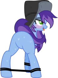 Size: 2995x4000 | Tagged: suggestive, artist:limedazzle, derpibooru import, oc, oc:cher nobyl, unofficial characters only, pony, unicorn, ahegao, bedroom eyes, blushing, bondage, bound wrists, butt, featureless crotch, green eyes, hat, image, open mouth, plot, png, raised tail, ropes, show accurate, show accurate porn, simple background, solo, spread legs, spreader bar, spreading, standing, sweat, tail, tongue out, transparent background, ushanka