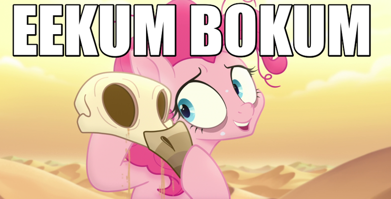 Size: 867x442 | Tagged: safe, derpibooru import, edit, edited screencap, screencap, pinkie pie, pony, my little pony: the movie, 2snacks, banjo kazooie, caption, desert, dishevelled, eekum bokum, female, hololive, image, image macro, korone inugami, meme, messy mane, png, skull, solo, text, vtuber