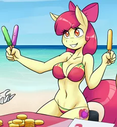 Size: 2058x2227 | Tagged: suggestive, artist:ambris, derpibooru import, edit, apple bloom, sweetie belle, anthro, earth pony, pony, adonis belt, adorabloom, adorasexy, amber eyes, beach, belly button, big breasts, bikini, breasts, busty apple bloom, cleavage, clothes, collarbone, cropped, curvy, cute, cutie mark, erect nipples, eye clipping through hair, eyelashes, female, food, hand, image, mare, midriff, nipple outline, older, older apple bloom, png, popsicle, sexy, skindentation, smiling, solo focus, string bikini, striped swimsuit, stupid sexy apple bloom, swimsuit, teenager, the cmc's cutie marks, thighs, thong swimsuit, tricolor swimsuit, wide hips