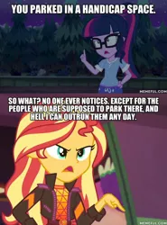 Size: 600x813 | Tagged: safe, derpibooru import, edit, edited screencap, screencap, sci-twi, sunset shimmer, twilight sparkle, equestria girls, equestria girls series, sunset's backstage pass!, spoiler:eqg series (season 2), caption, duckman, image, image macro, jpeg, memeful.com, text