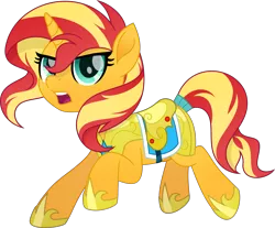 Size: 5483x4530 | Tagged: safe, artist:pumpkinpieforlife, derpibooru import, sunset shimmer, pony, unicorn, my little pony: the movie, absurd resolution, armor, female, guardsmare, image, mare, movie accurate, png, royal guard, royal guard armor, saddle, simple background, solo, tack, tail wrap, transparent background, vector