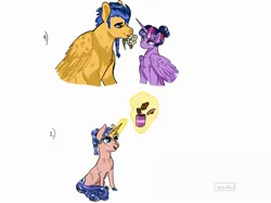 Size: 1600x1199 | Tagged: safe, artist:sukidoodles, derpibooru import, flash sentry, twilight sparkle, twilight sparkle (alicorn), oc, oc:nova sparkle, alicorn, pegasus, pony, unicorn, female, filly, flashlight, flower, flower in mouth, hair bun, image, jpeg, male, mouth hold, offspring, parent:flash sentry, parent:twilight sparkle, parents:flashlight, shipping, simple background, straight, white background
